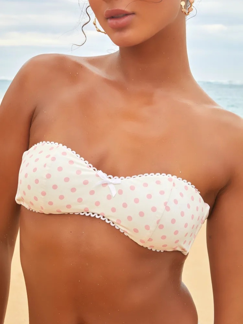 Dippin Daisies Bridget Ivory and Pink Polka Dot Bandeau Bikini Top